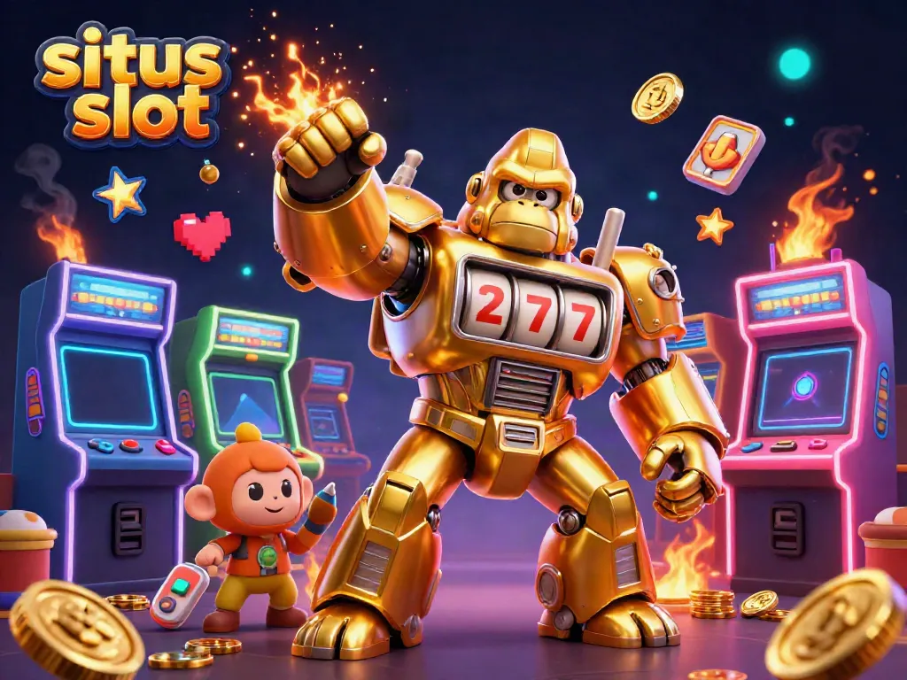 Experience the excitement of situs slot with a dynamic 3D illustration featuring a golden gorilla mech and arcade machines.