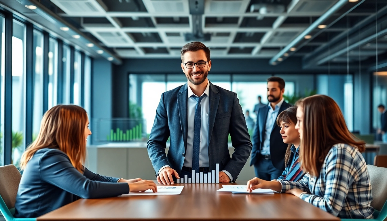 Marketing director leading a team in a vibrant office, showcasing collaboration and leadership.