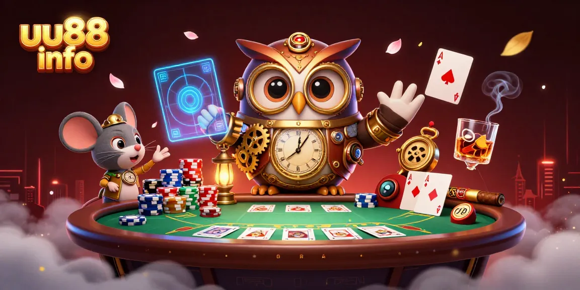 Engage with uu88 info in this vibrant casino scene featuring a steampunk owl and poker elements.