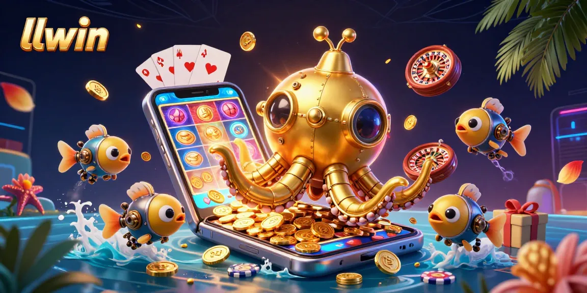 Experience exciting slots at llwin with a vibrant gambling scene featuring a golden kraken and mechanical fish.