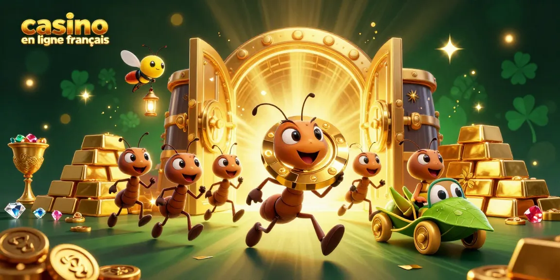 Les fourmis en 3D transportent un jeton de poker d'or dans un tunnel dans le monde des casinos en ligne français.