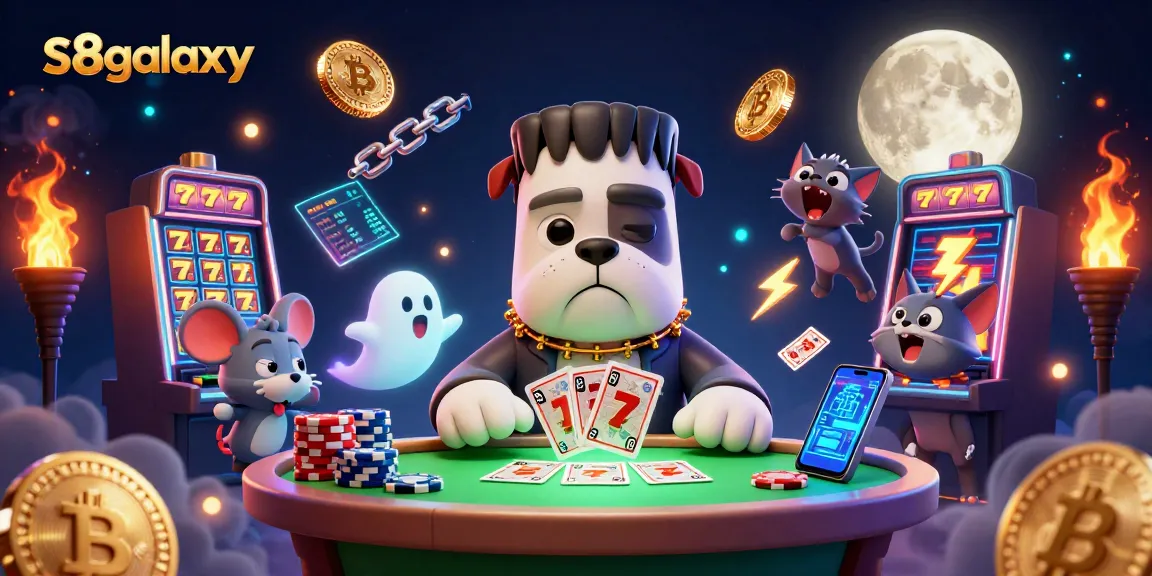Experience the thrilling action at s8galaxy with an engaging scene of a Frankenstein bulldog dealing cards.