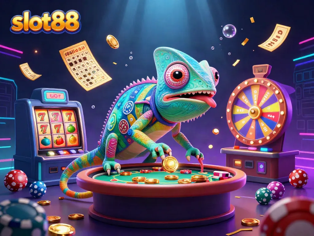 Experience vibrant slot88 games with a colorful chameleon casino owner and dynamic game elements.