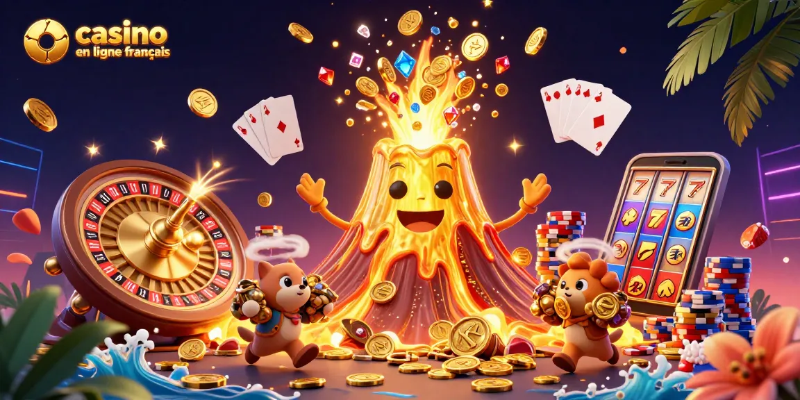 Jouez à des jeux fascinants sur casino en ligne français avec une scène colorée capturant un volcan doré et des trésors.