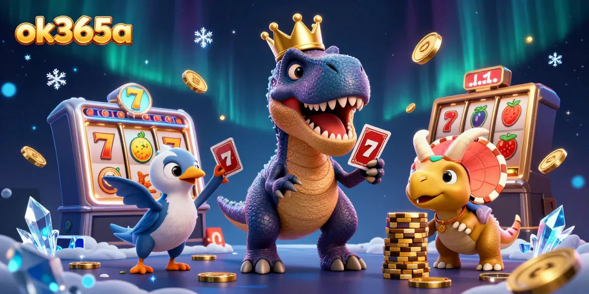 Experience thrilling gameplay at ok365a with a 3D T-Rex shuffling cards surrounded by vibrant slot elements and golden chips.
