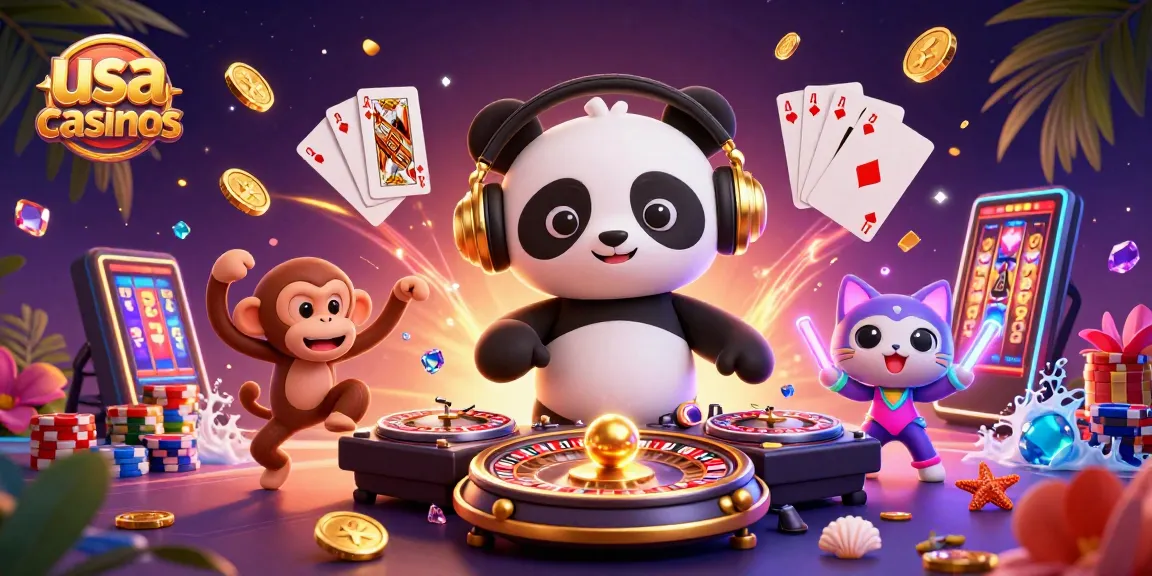 Engaging scene of usa casinos with a DJ panda, dancing monkey, and rave kitten amidst casino elements.
