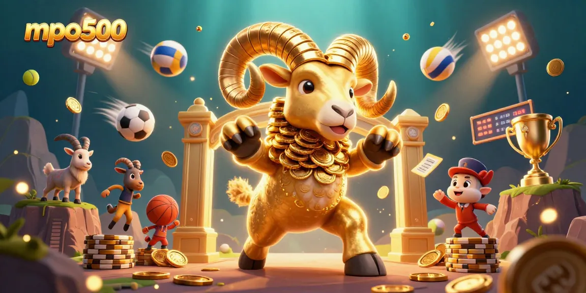 Engage with mpo500's vibrant casino scene featuring a golden ram and dynamic sports elements.