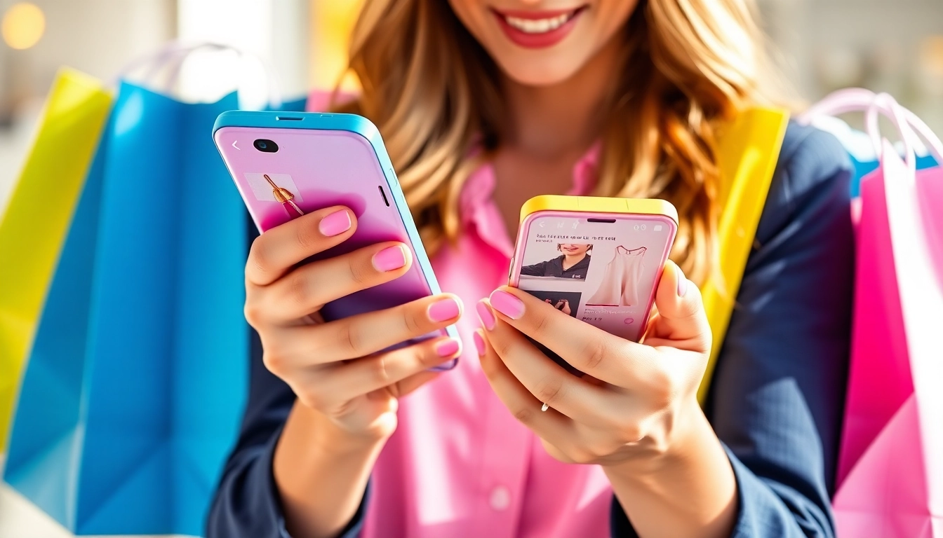 Explore top online shopping apps with a woman actively using her smartphone amidst colorful shopping bags.