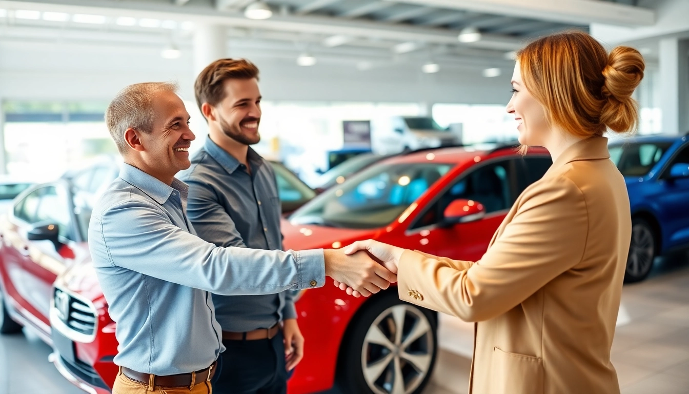 Buy New Car with an enthusiastic customer and a representative in a bright dealership.
