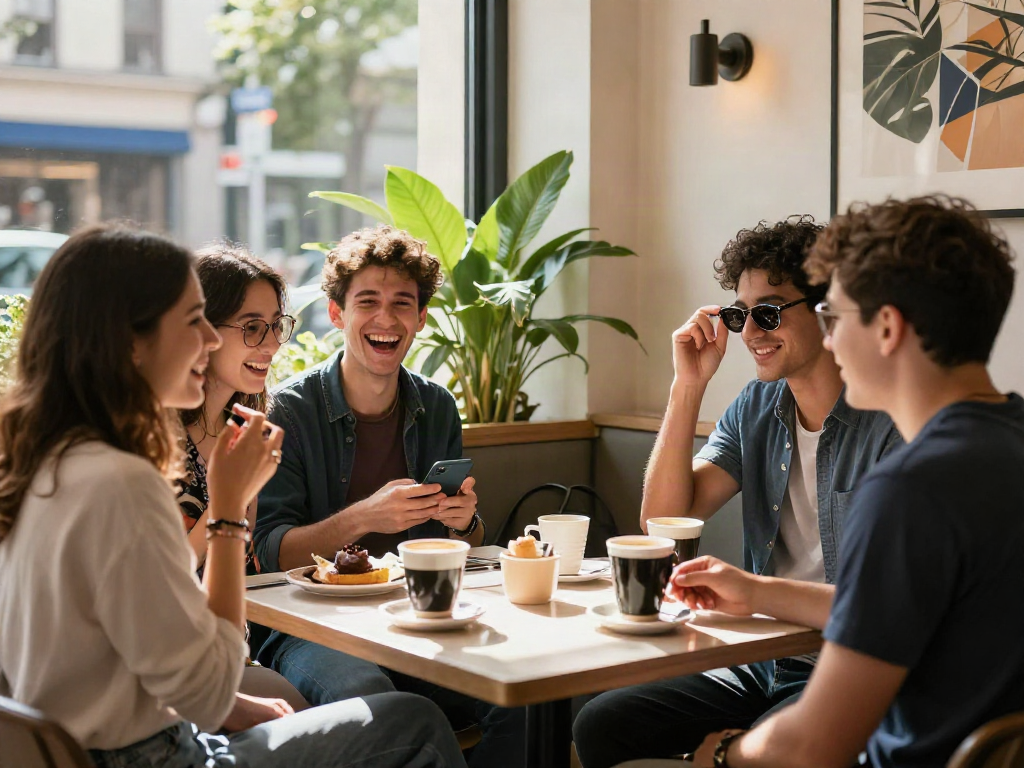 Group of friends enjoying coffee at a café, feeling the crush on friendship in a vibrant atmosphere