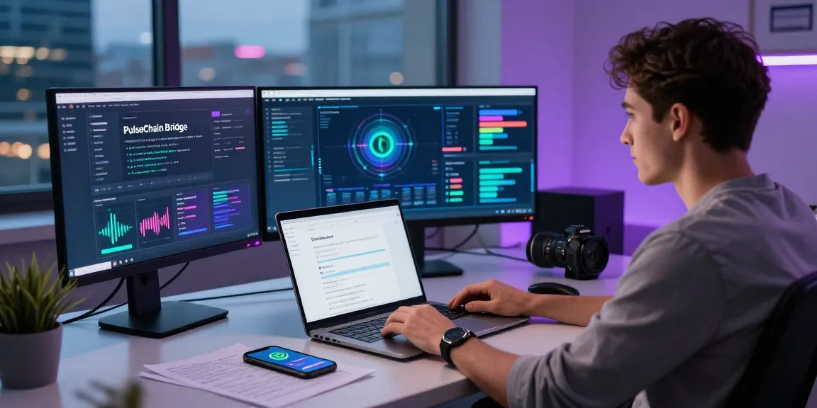 PulseChain Bridge interface with cryptocurrency transactions by a developer at a modern workspace.