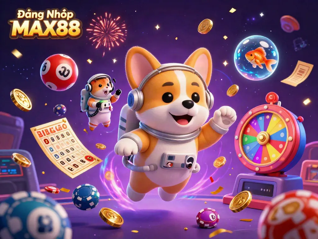 Experience the excitement of Đăng Nhập MAX88 with a 3D illustration of a floating casino scene with vibrant game elements.
