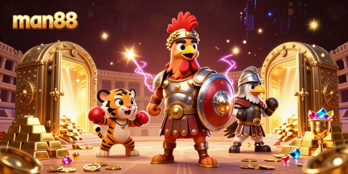 Experience the thrill of man88 with a cartoon gladiator rooster in a spectacular casino scene.