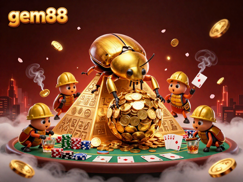Discover gem88's vibrant 3D casino scene with golden beetles and poker action.