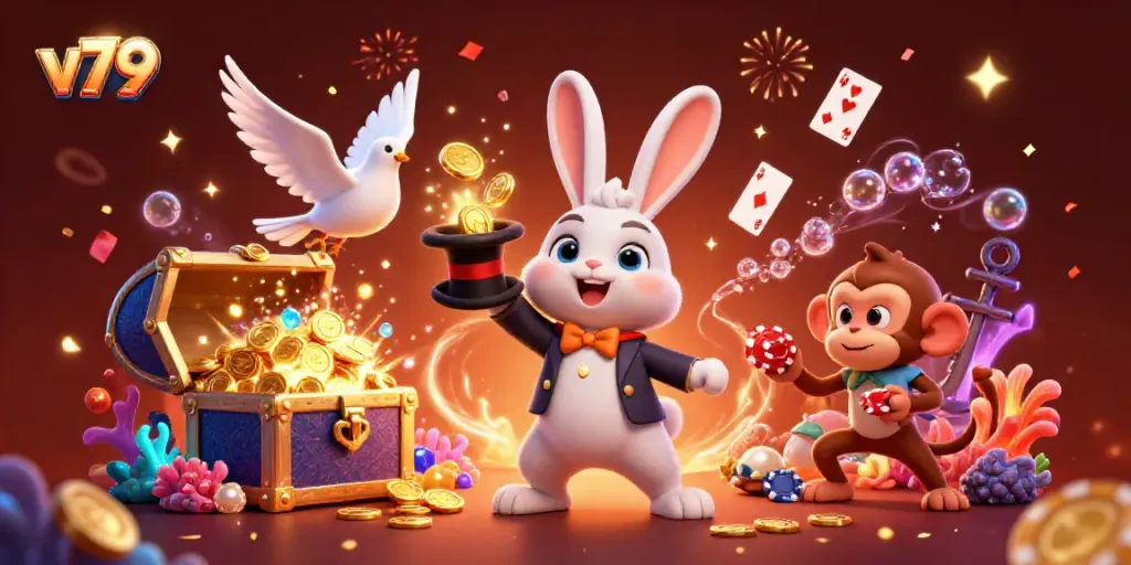 Experience the excitement of v79 with a magician rabbit pulling golden coins, perfect for online gamers.