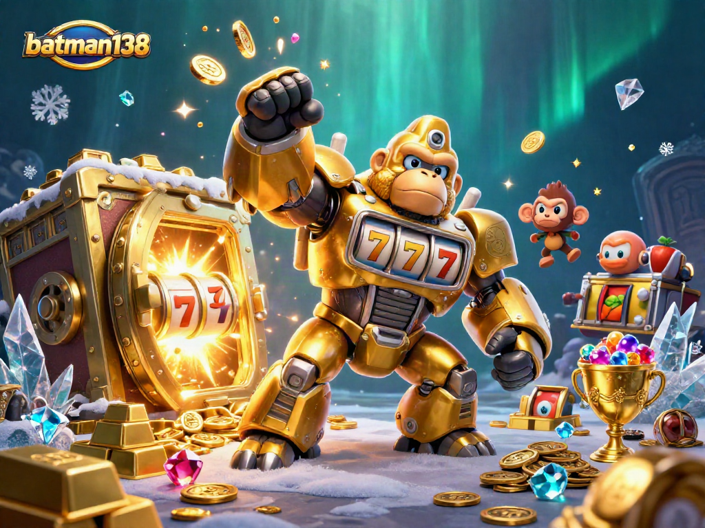 Experience batman138 in action with a dynamic 3D casino scene featuring a golden gorilla mech and treasures.