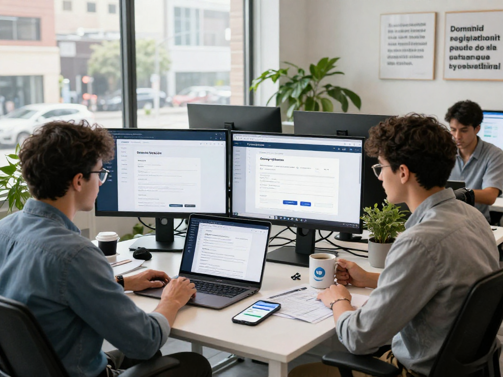 Registro de dominios en un entorno de oficina moderna, con herramientas digitales y emprendedor enfocado.