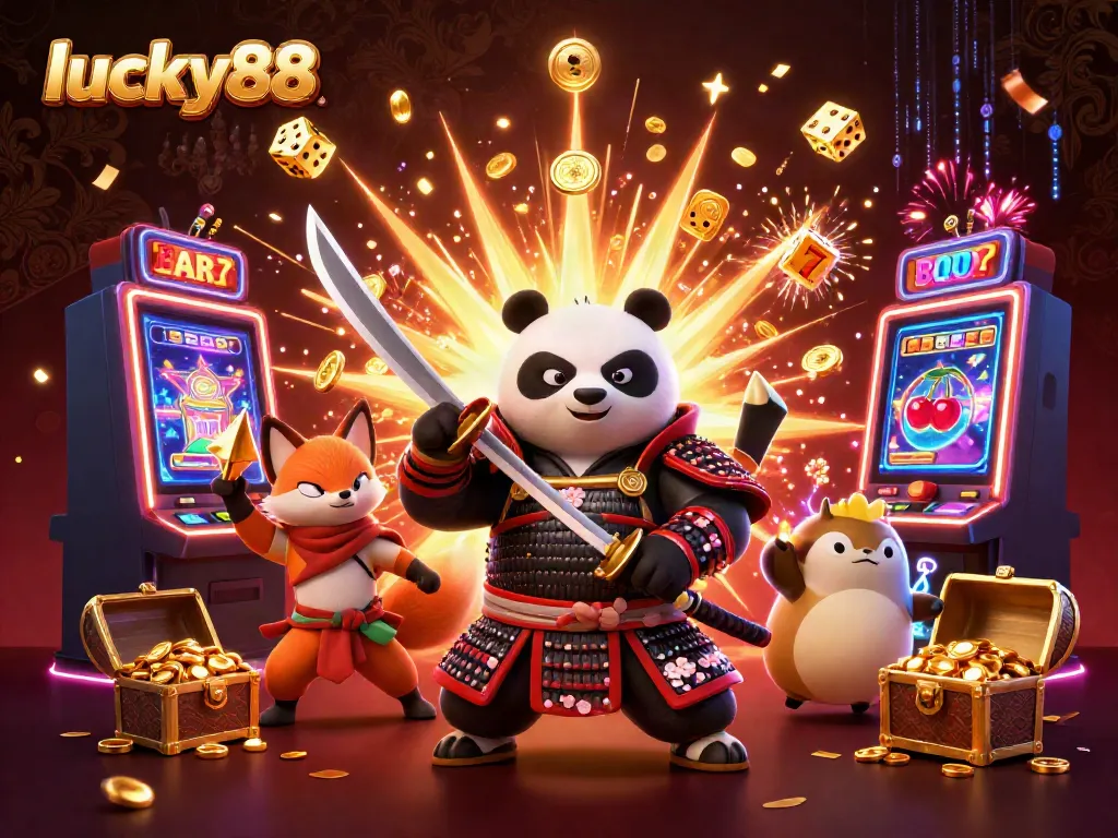 Engage in excitement at lucky88 with thrilling characters and a jackpot explosion in a vibrant casino scene.