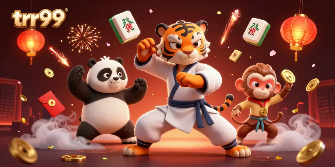Engage in thrilling gaming adventures with trr99, featuring a kung fu tiger, panda disciple, and monkey stealing gold.