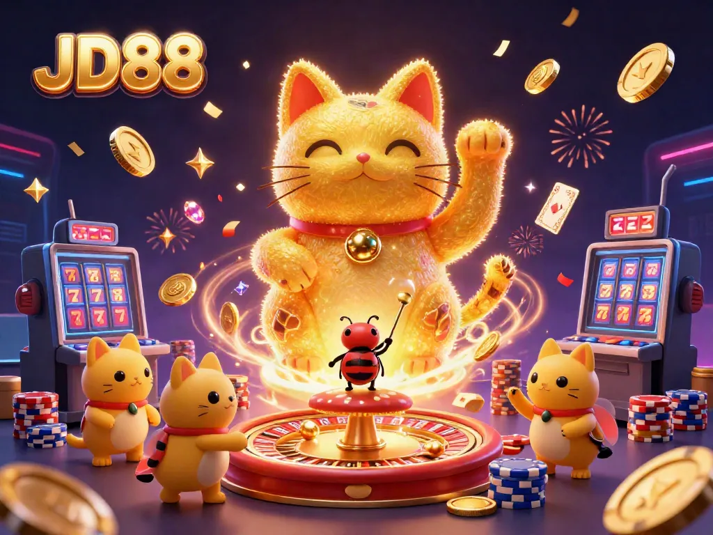 Experience JD88's vibrant online casino atmosphere with a lucky cat and dynamic game elements.