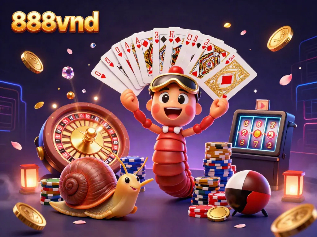 Experience the thrill of gambling with 888vnd's colorful casino scene showcasing a dealer and high-roller characters.