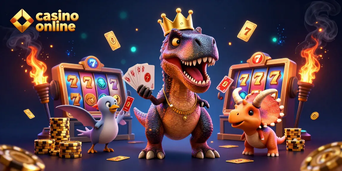 Akcija v casino online z T-Rexom in triceratopsom, ki se igrajo s kartami in zlaticami.