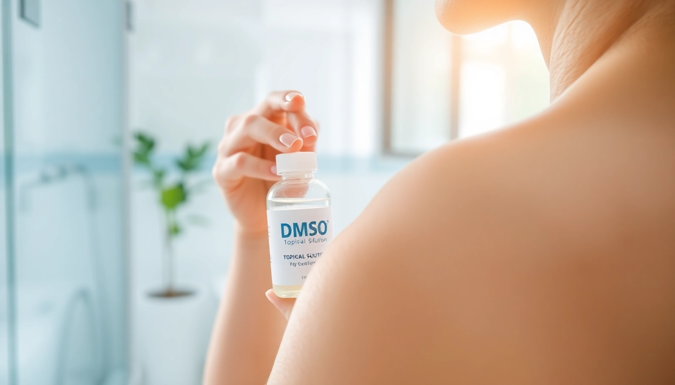 Apply DMSO for pain relief on skin with a soothing touch and serene atmosphere.