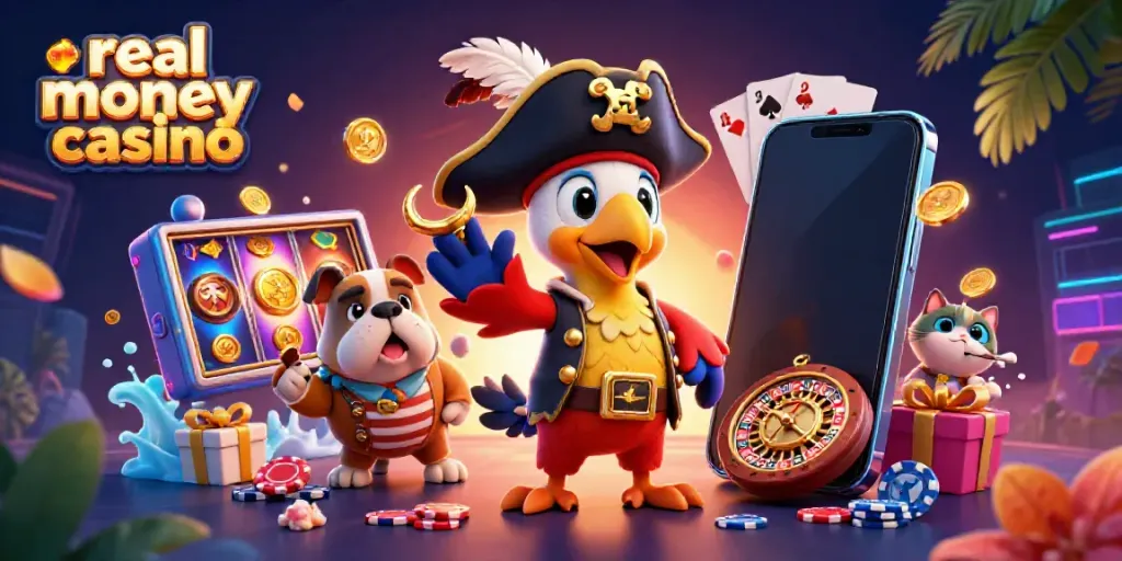Engage in the excitement of a real money casino with vibrant characters, games, and treasures.