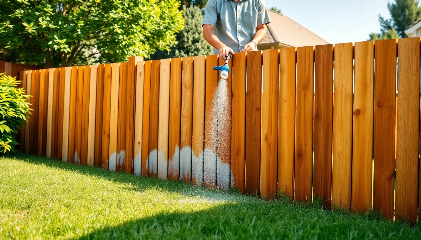 Fence Cleaning process showcasing a technician revitalizing a wooden fence with eco-friendly products.