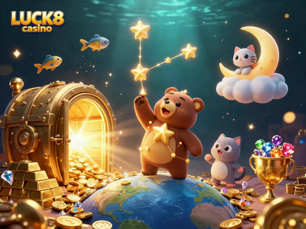 Experience the excitement of LUCK8 casino with a vibrant 3D illustration depicting a constellation bear collecting coins from Earth, surrounded by jewels and golden treasures.