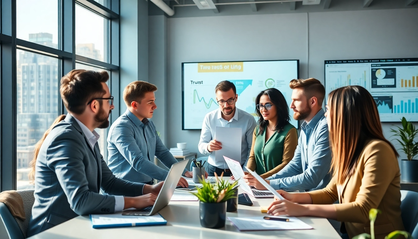 Dynamic scene of a digital marketing agency Australia team collaborating on strategies and plans.