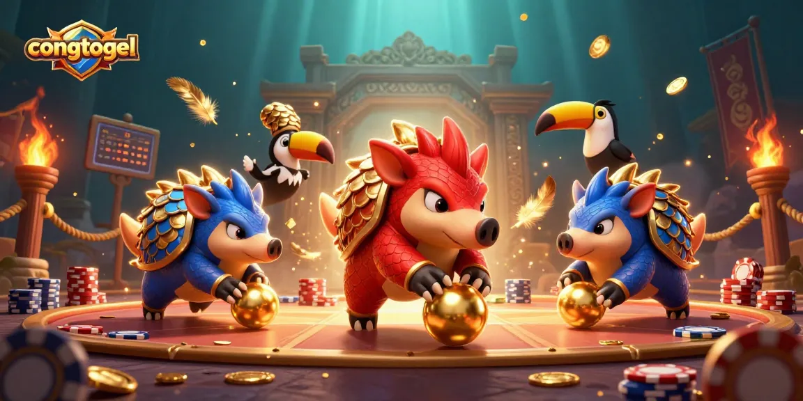 Compete in congtogel with rival pangolins at a bustling casino arena filled with chips and gold.