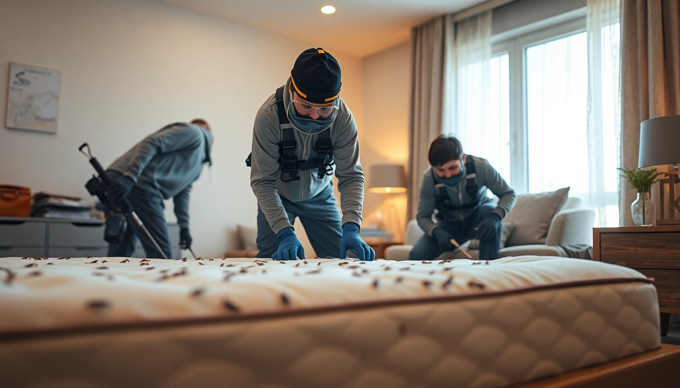 Bed bug exterminators inspecting a mattress during a treatment session in a home setting.