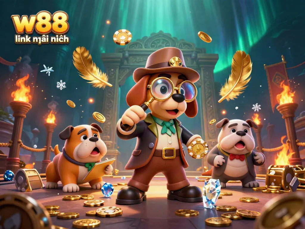 Engage with the w88 link mới nhất illustrated by a detective bloodhound and clues in a vibrant casino scene.