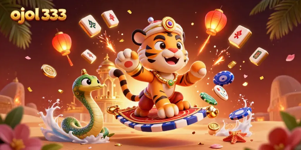 Enjoy thrilling gaming adventures with ojol 333 in a vibrant illustration packed with casino elements.