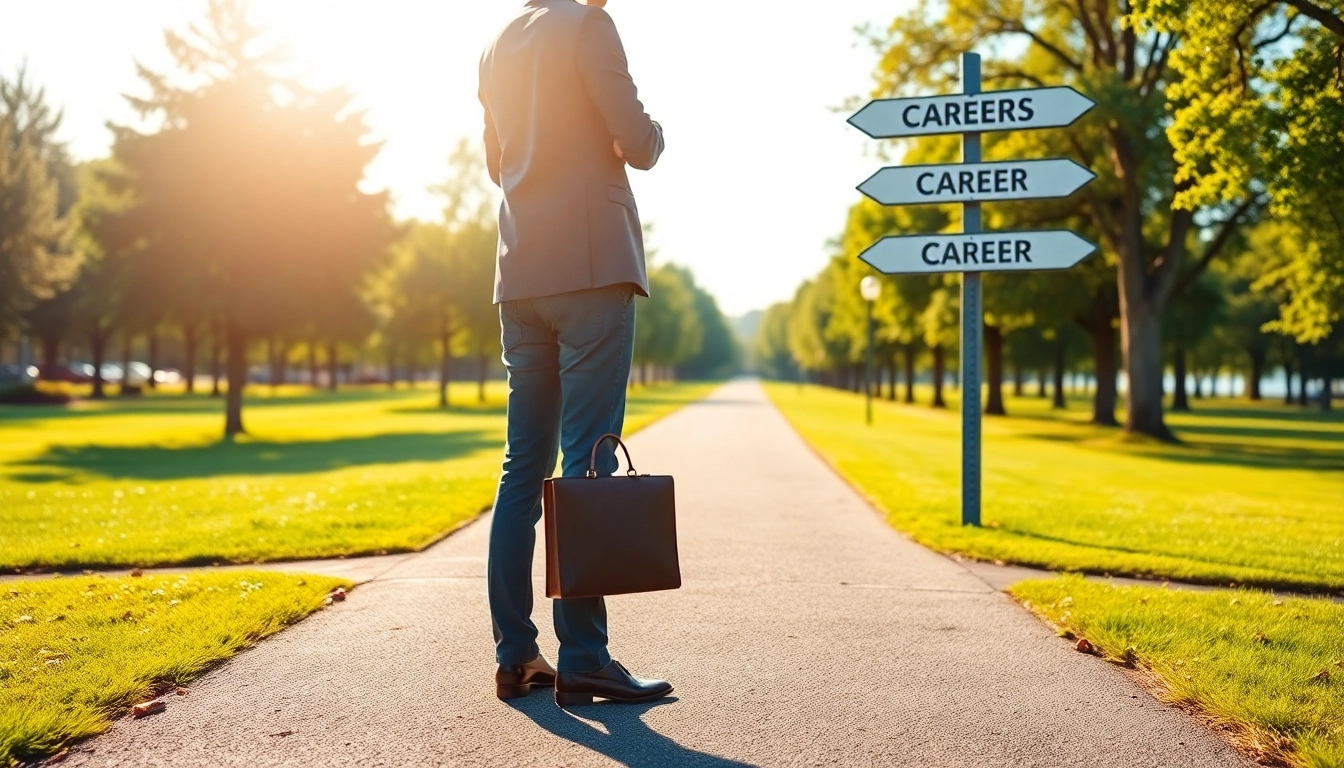 Choose your ideal career path with a professional facing crossroads and career signs.