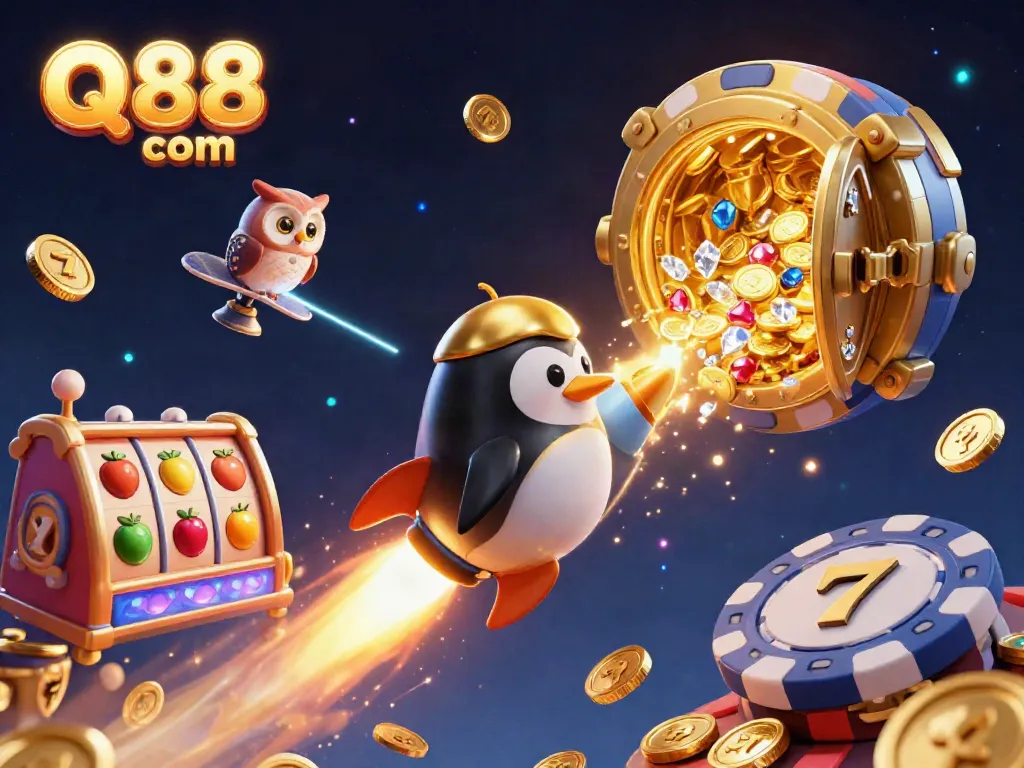 Experience the thrilling Q88 com adventure with a golden penguin amid vibrant casino elements and treasures.