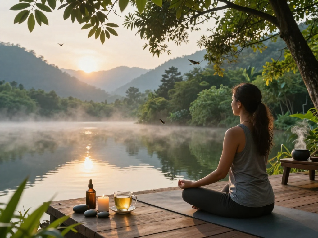 Practitioner meditating at dawn by the lake, embracing mantra 88 for mindfulness.