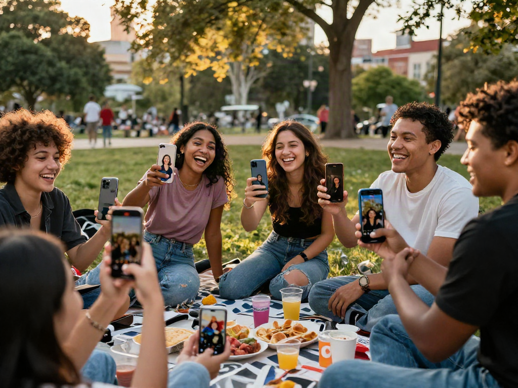 Group of friends engaging in an attractiveness test while sharing laughs in a park.
