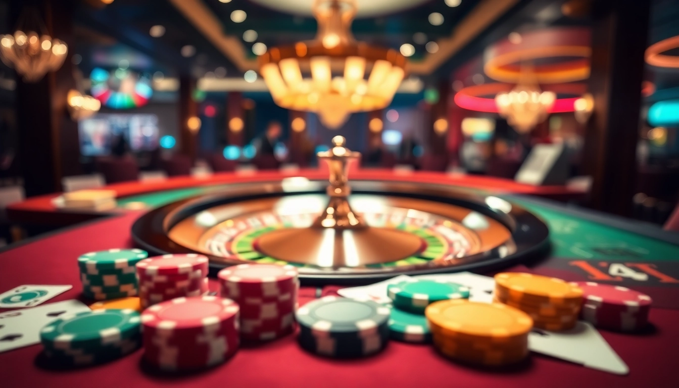 ora78 memfokuskan pada meja kasino dengan roda roulette dan chip berwarna-warni yang menambah suasana permainan.