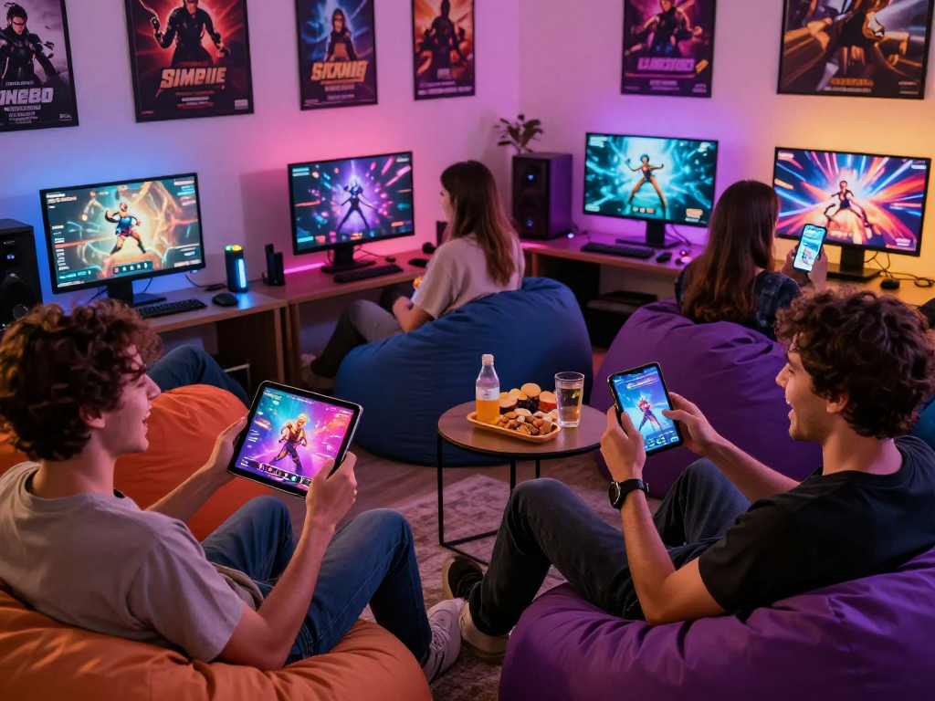 Players enjoying interactive sex games online on various devices, showcasing vibrant and colorful gaming atmosphere.