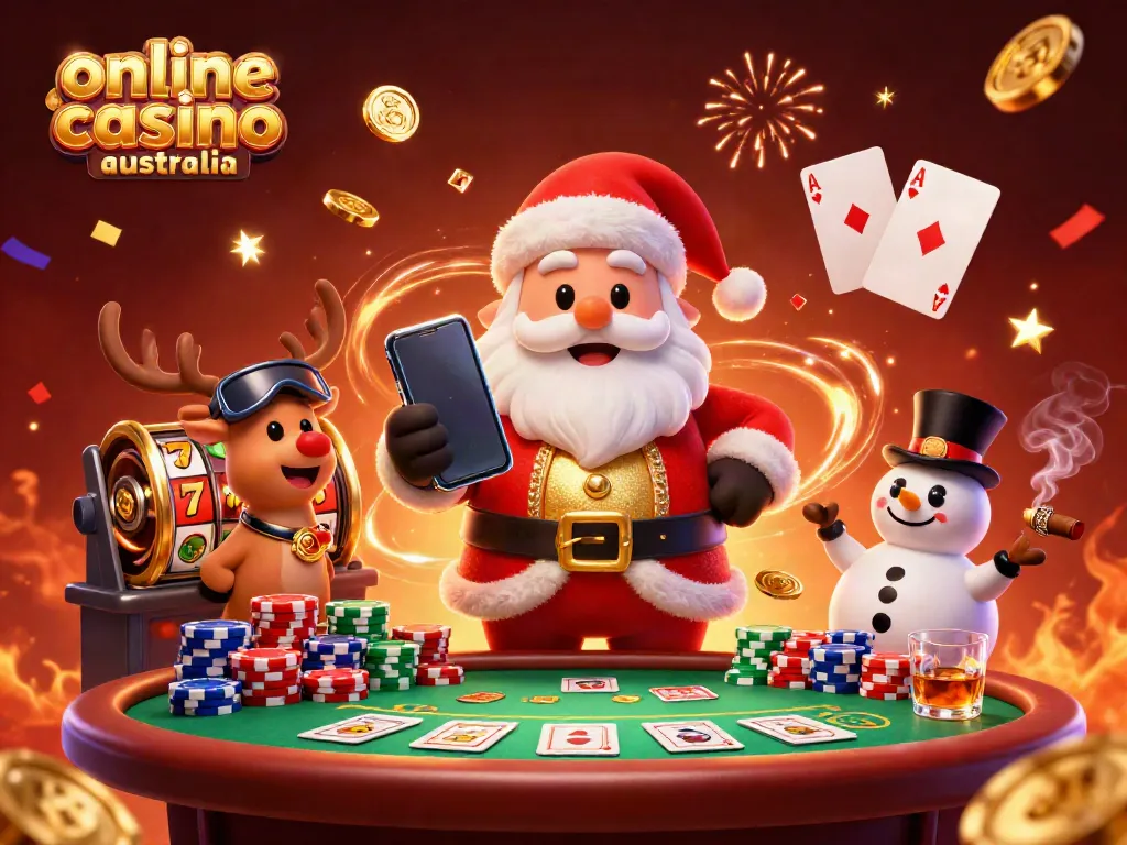 Engage with the magic of online casino Australia featuring a festive casino scene with Santa and friends.
