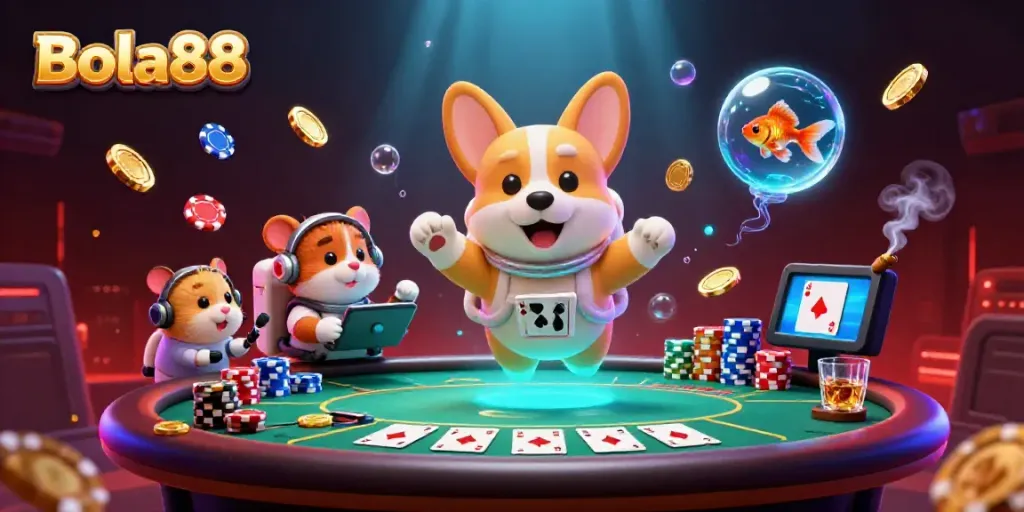 Bola88 showcases a vibrant 3D scene of a floating corgi in a space station casino amidst poker chips.