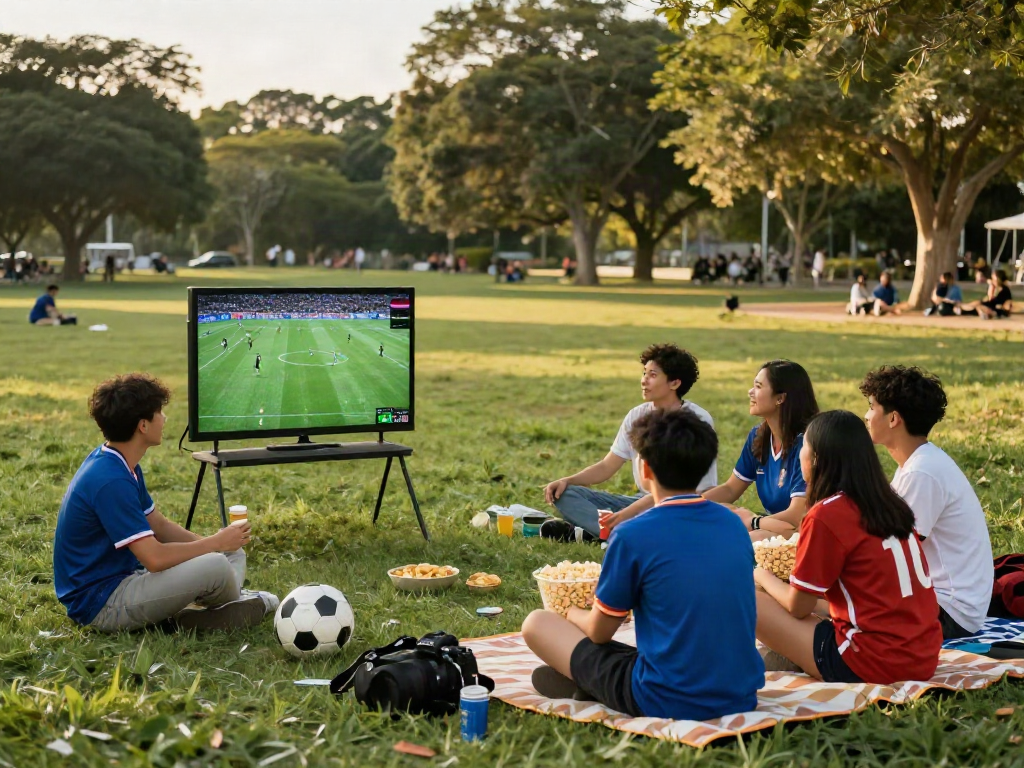 Menonton bola gratis bersama teman-teman di taman, suasana ceria dan santai