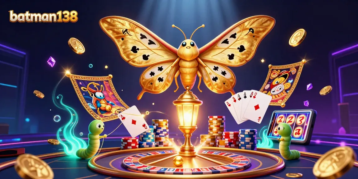 bermain slot di batman138 sambil dikelilingi koin emas dan kartu pintar yang mencolok
