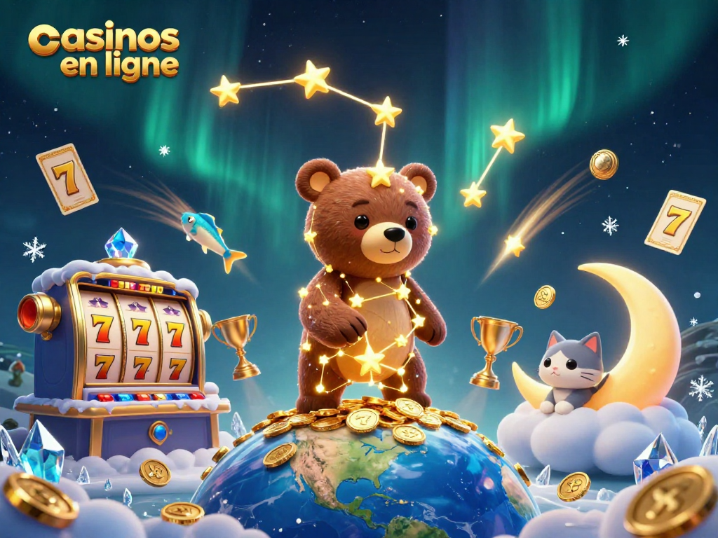 Découvrez les casinos en ligne avec des éléments de jeu captivants et une scène animée remplie de détails.