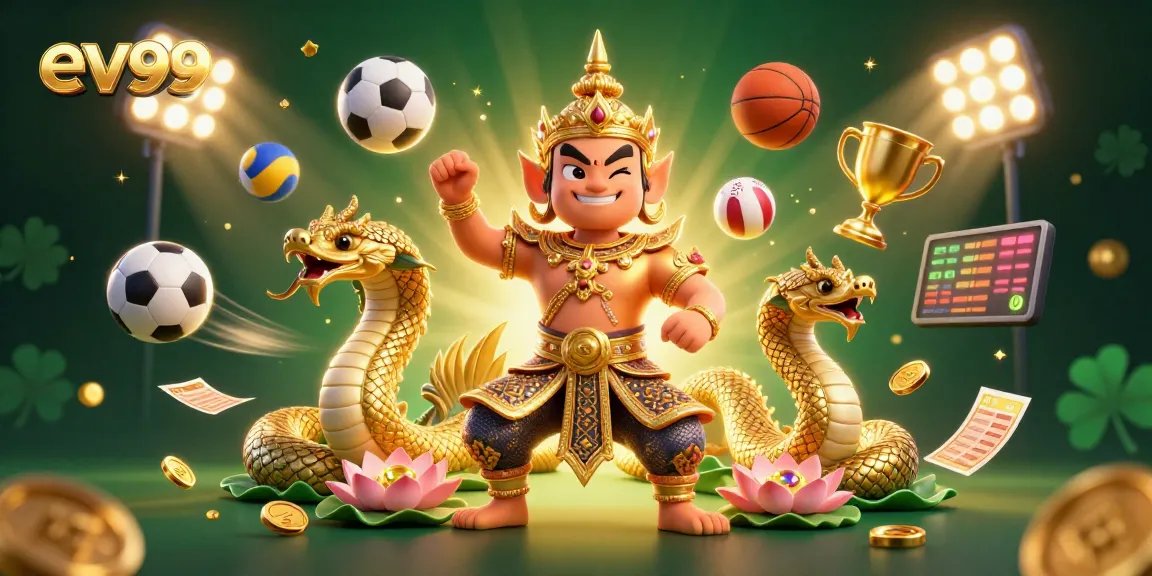 Bet on ev99 with dynamic sports elements and a friendly guardian in this vibrant casino illustration.
