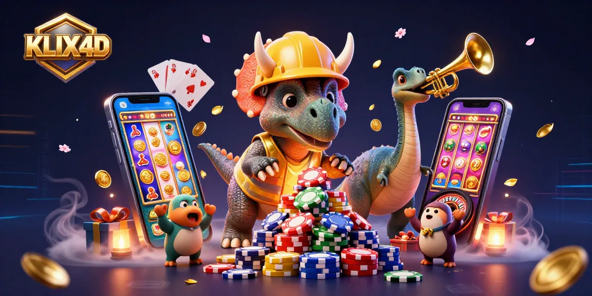 Permainan kasino KLIX4D ditampilkan dengan triceratops membangun tumpukan chip poker yang megah.