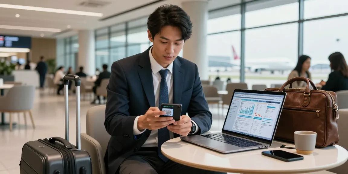 Businessman using slot qris payment while working at airport lounge with laptop and smartphone.