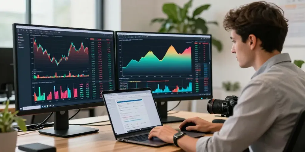Modern trader using TradingView官网 on dual screens in bright office.